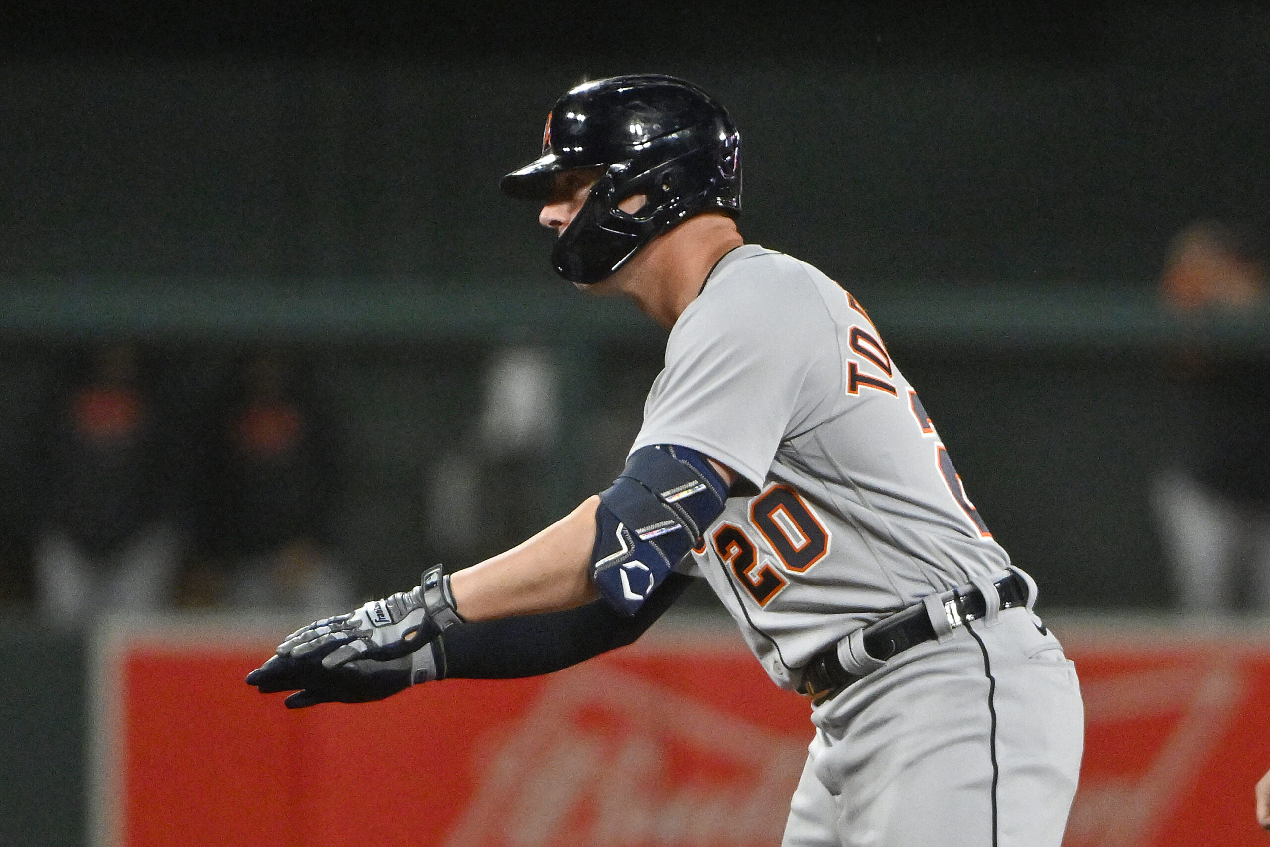 Detroit Tigers' Spencer Torkelson walks to his position at first
